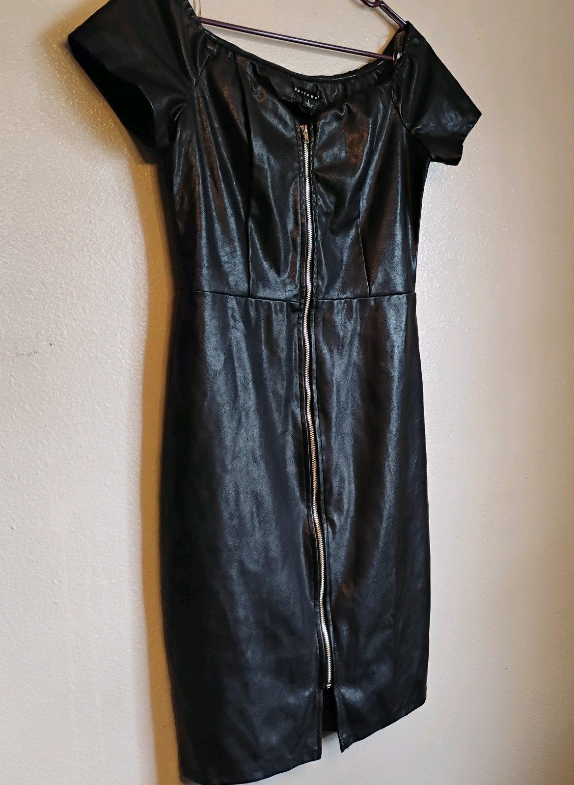 Haute Monde Black Faux Leather Zip Front Bodycon Midi Dress Size L NWT