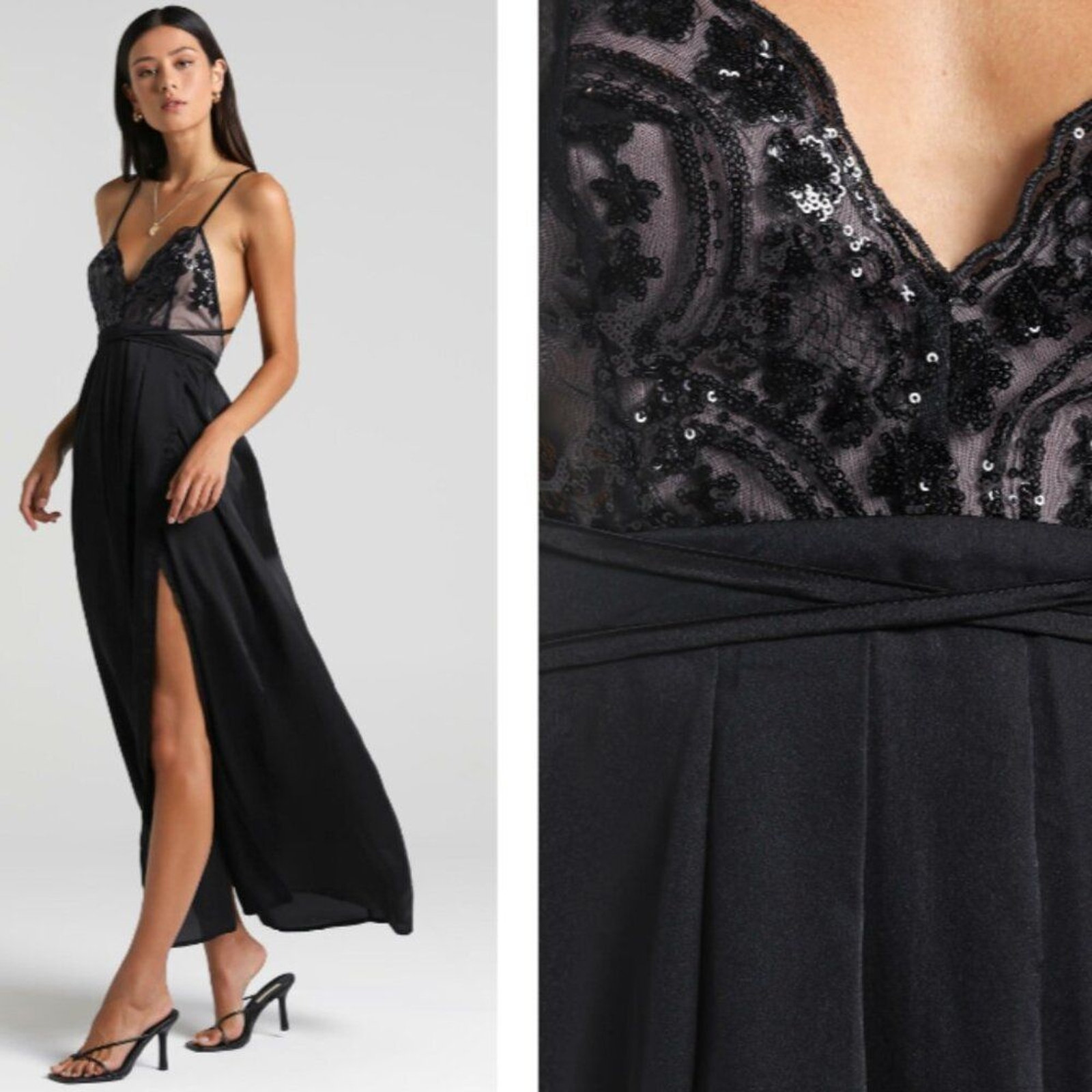 Showpo. studded black halter strap satin maxi slip dress, plunge neck, Sz: US 4