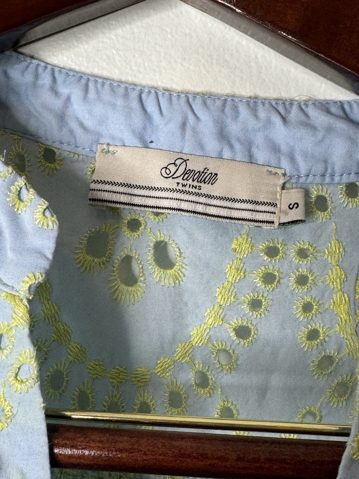 Anthropologie Devotion Twins Amorgos Dress S Blue Lime Embroidered Cotton Luxury