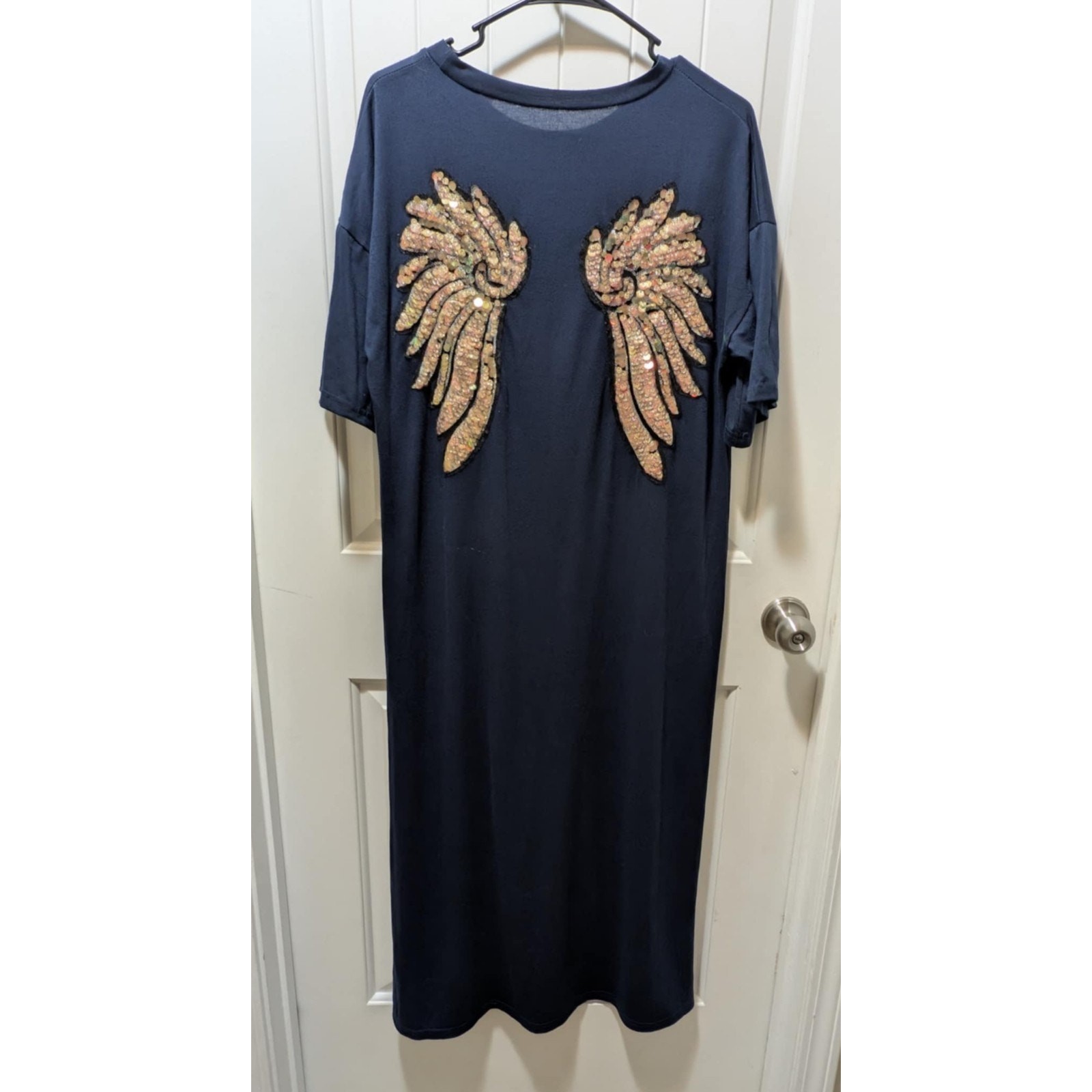 Navy Blue Sequin Glitter Angel Wings Fitted Short Sleeve Maxi Dress Size M