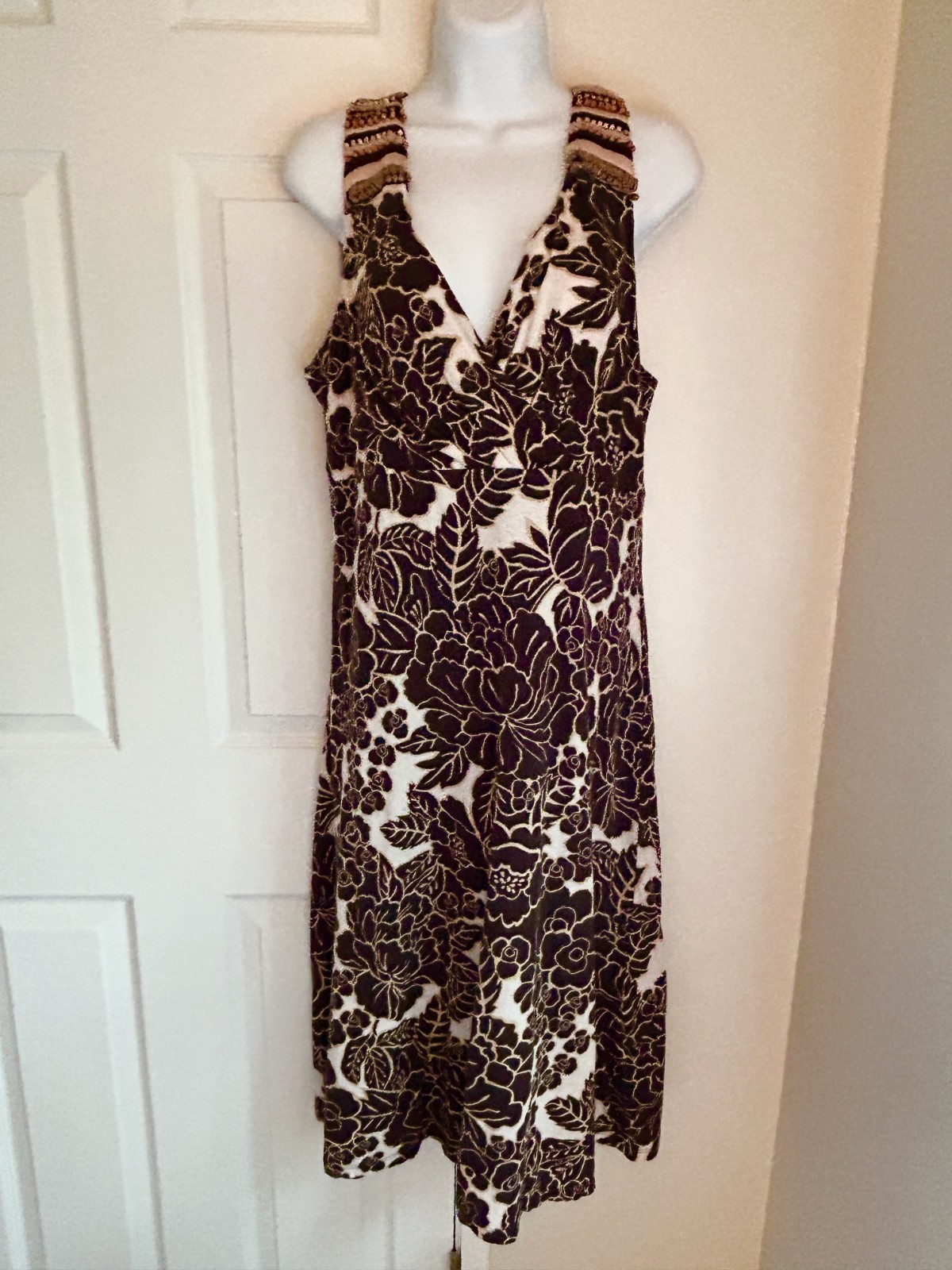 CHARTER CLUB Midi Jersey Knit Sundress, Empire Waist, Brown & Cream Floral, 12
