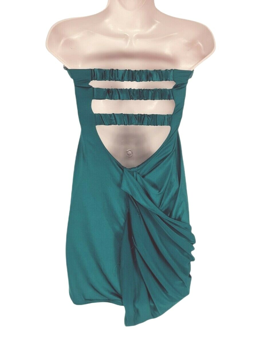 do & be Dark Green Jersey Runched Bodycon Mini Dress Women Size S Cut Out Back