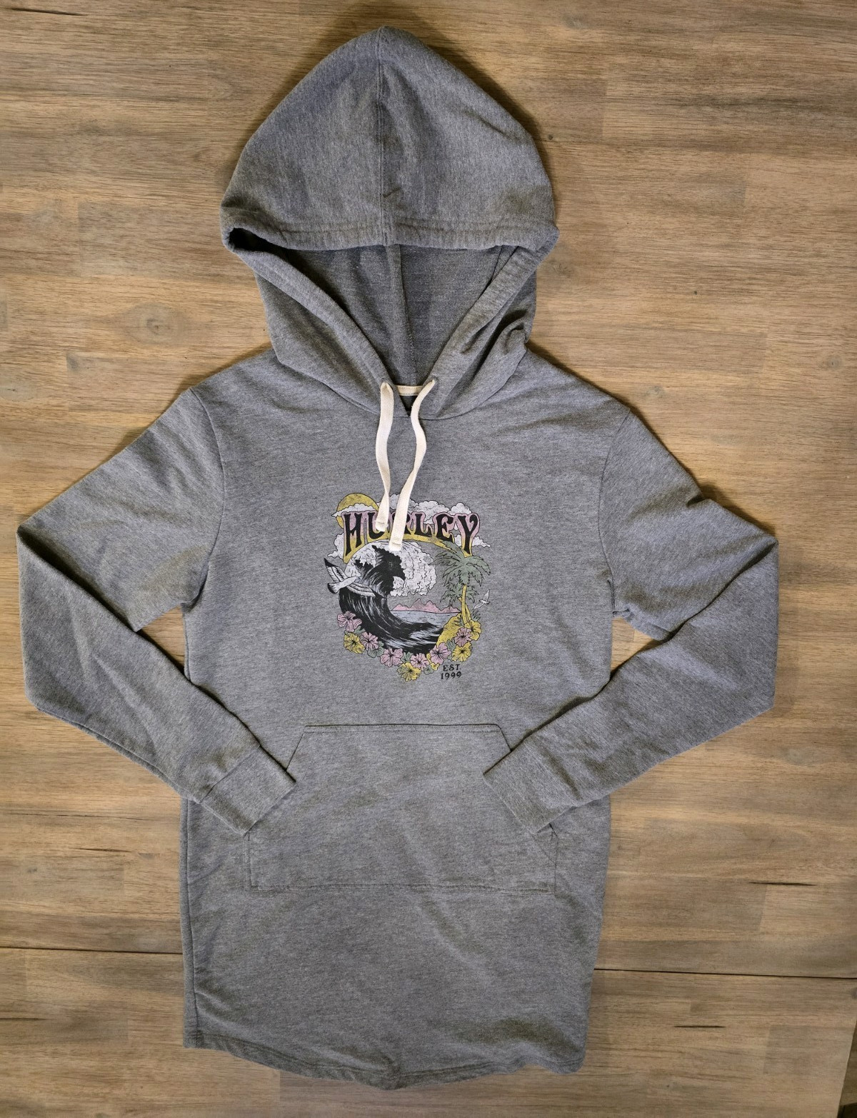 Hurley Womens Gray Graphic Print Pullover Hoodie Fleece Dress Pockets Size XS