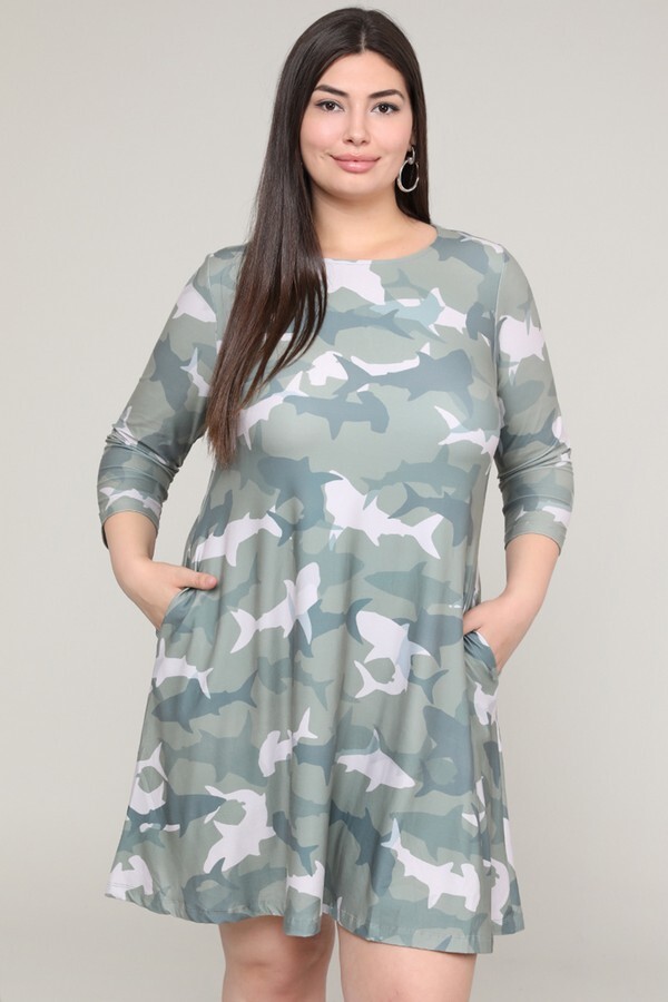 Women’s 3/4 Sleeves Printed Shark Dress, A Line Plus Size Dress