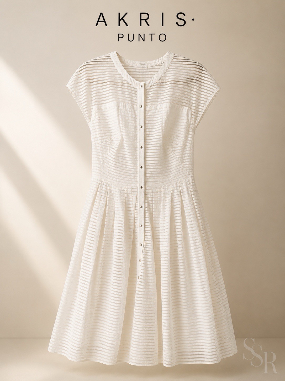 Akris Punto White Sheer Stripe Snap Front Pleated A-Line Midi Dress US L