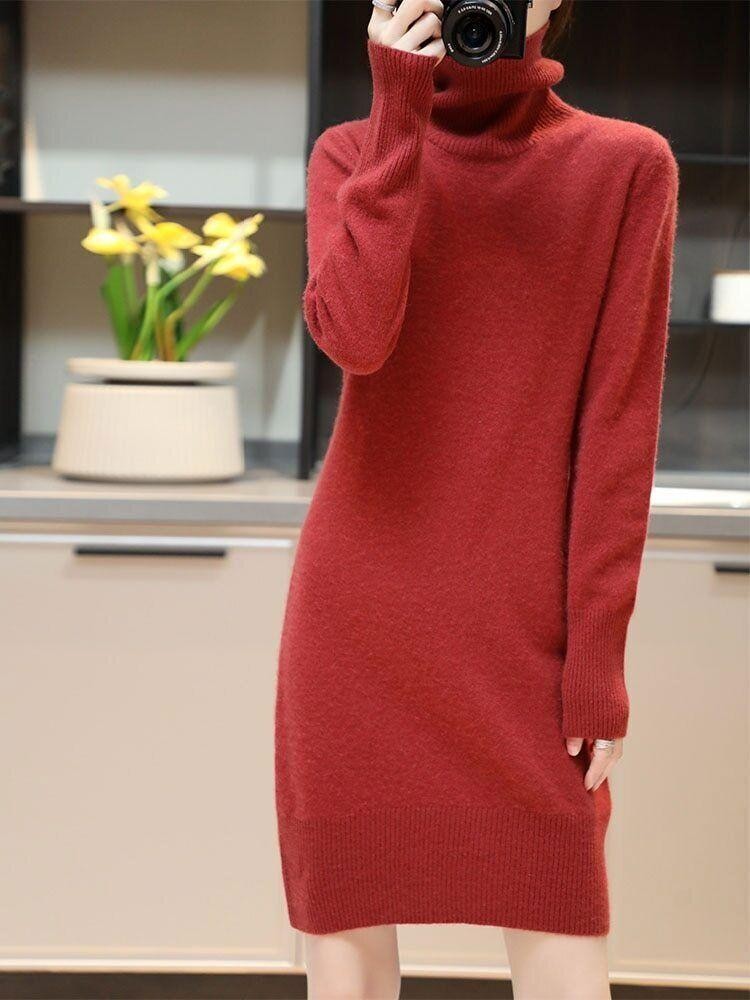 Knitted Cashmere Sweater Women Wool Turtleneck Long-Sleeve Slim Mid Length Dress