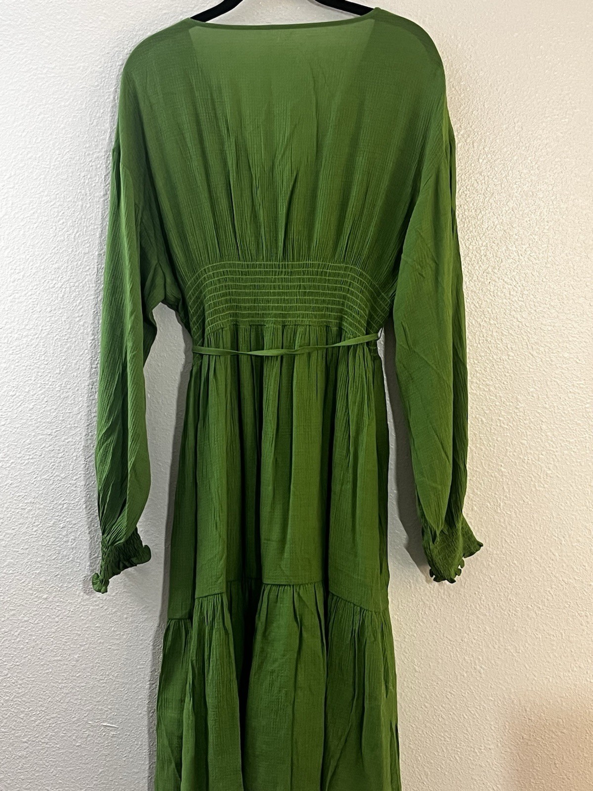 NWT PEASANT Boho Smocked Dress Ruffle Tiered Hem, LANTERN SLEEVE Green XXL