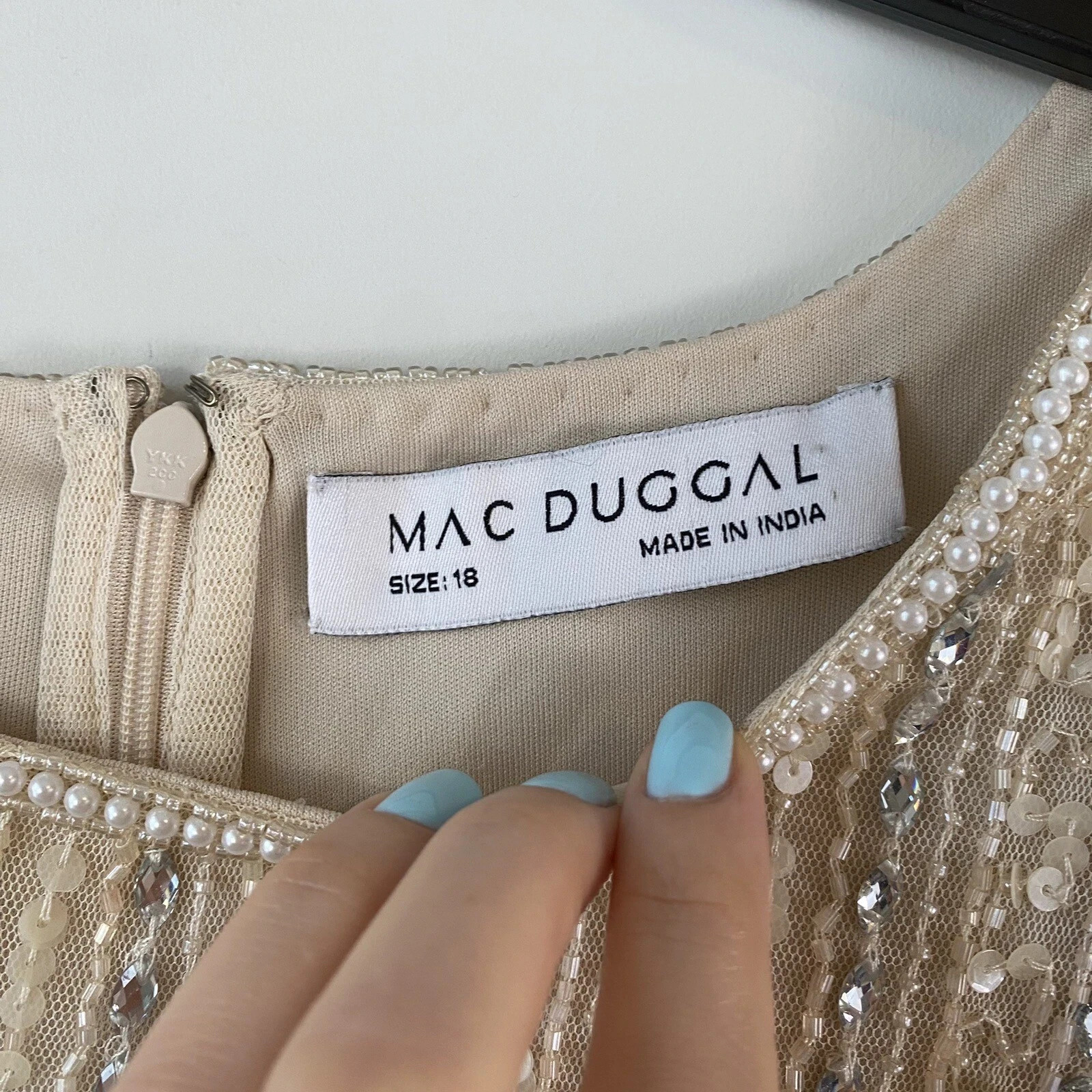 NWT Mac Duggal 9180 Beaded Bodice Chiffon Gown Nude Dress Champagne Ivory Sz 18