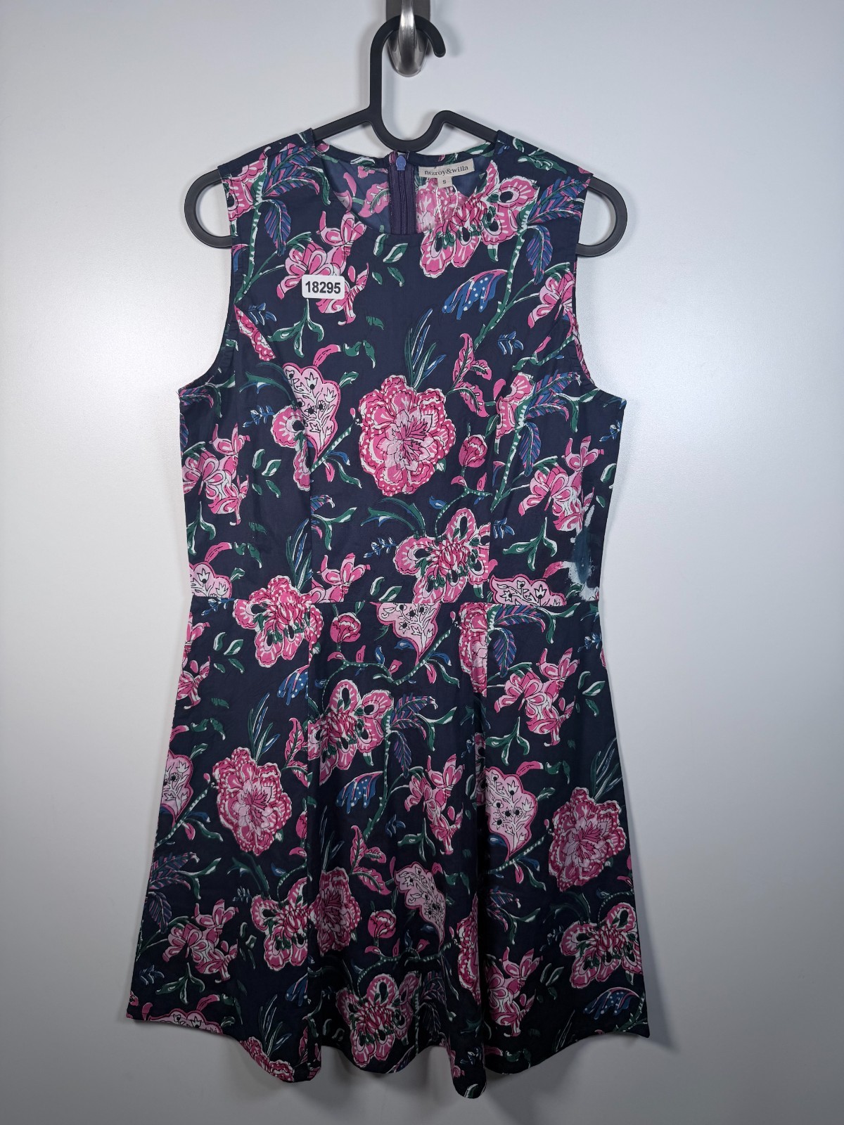 Fitzroy & Willa Womens Floral Whimsy Fit And Flare Dress Knee Length Blue Sz S