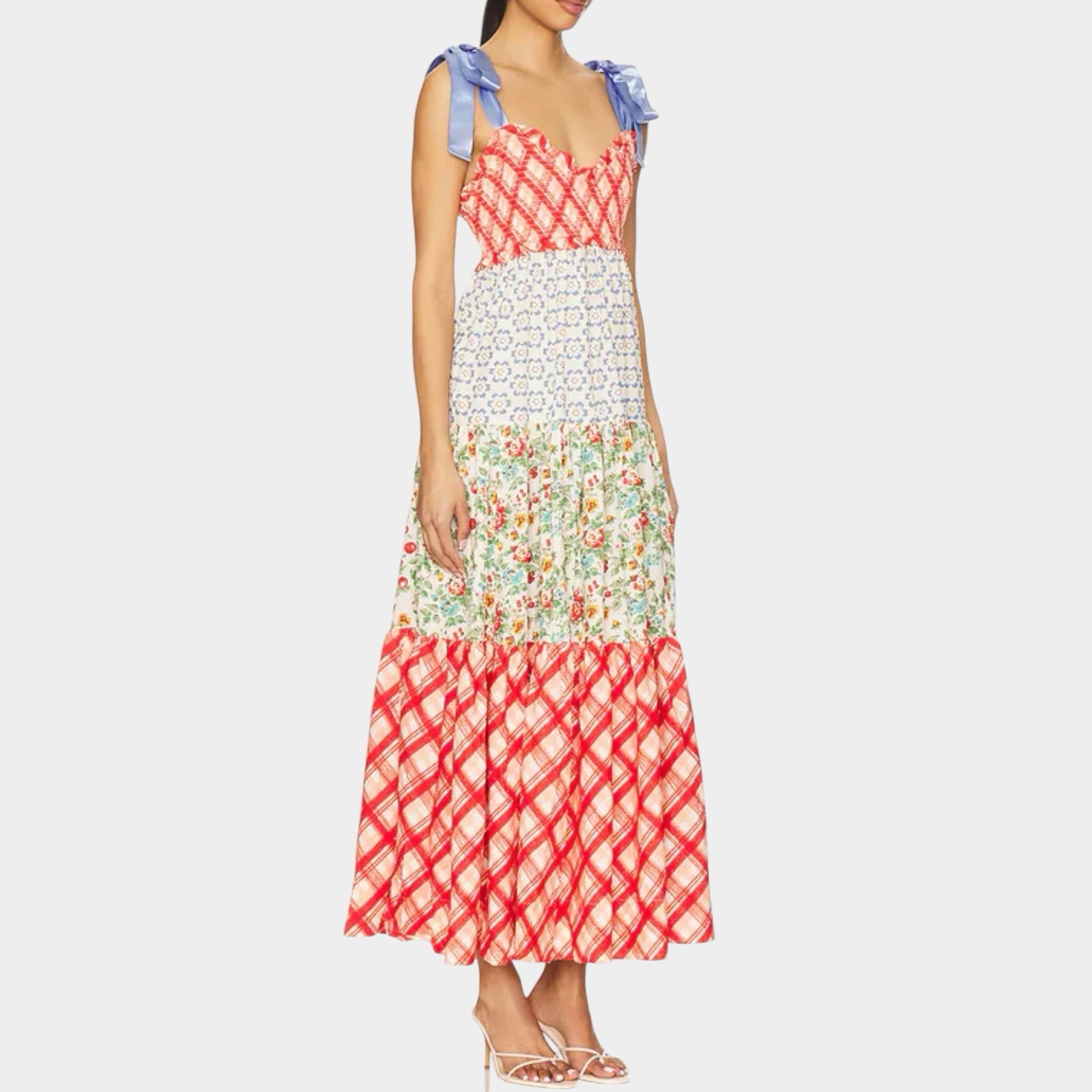 Ladies Bohemian Midi Dress Size L V-Neck Gathered Bodice Straps Shoulders Spring