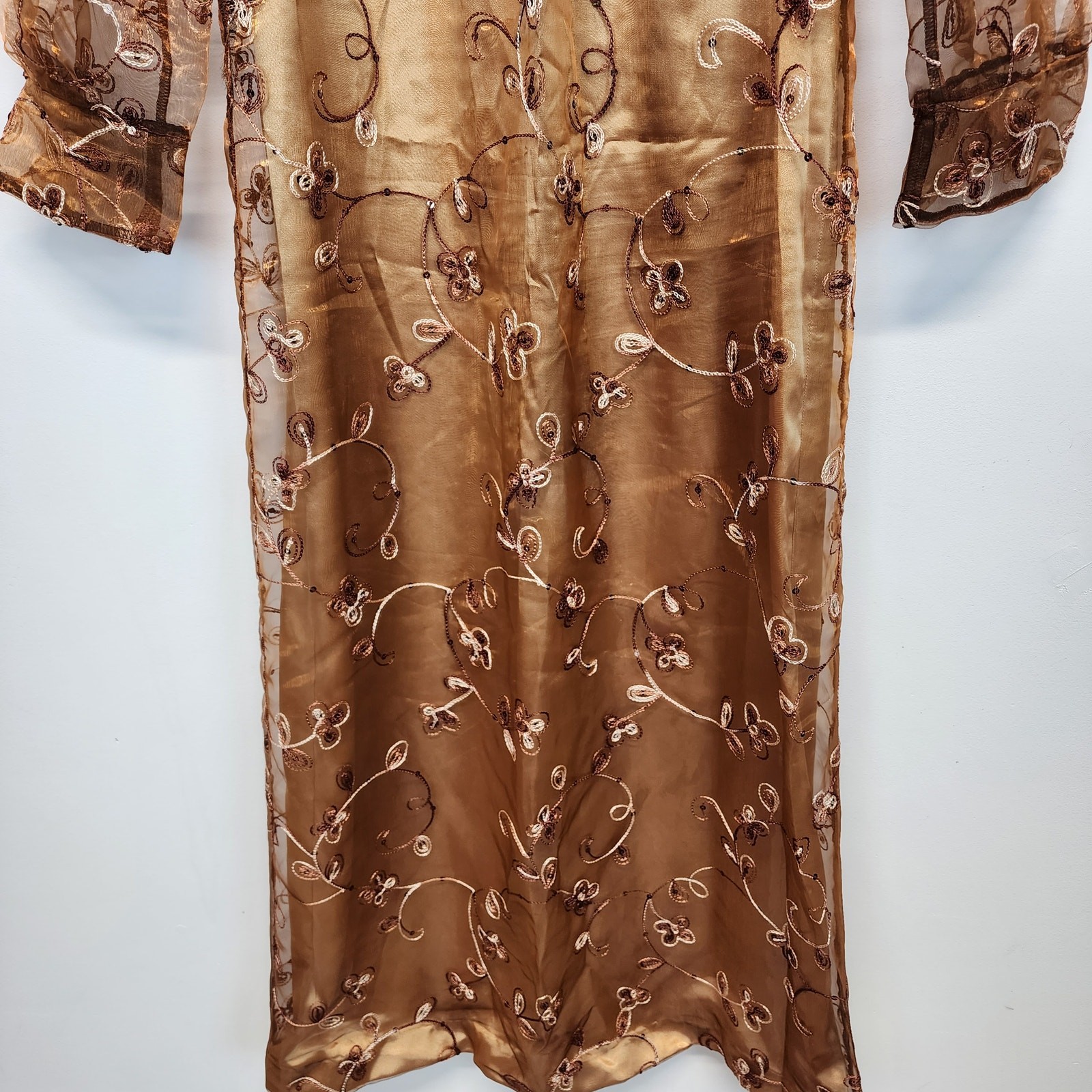 Embroidered Regency Floor Length Dress Size L Brown Damask Taffeta Sheer Whimsy