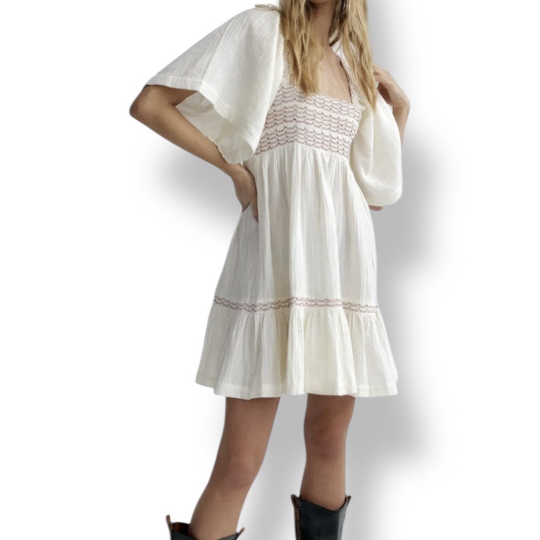 Free People Easy to Love Mini Dress Smocked Cute Romantic Babydoll Ivory M