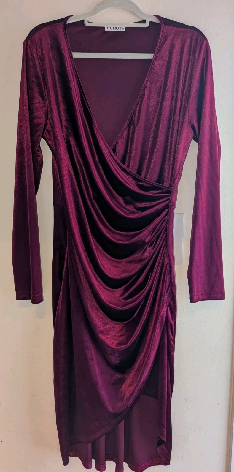 Women’s Huhot Burgundy Velvet Deep V Rouched Waist Long Sleeve Dress Sz XL