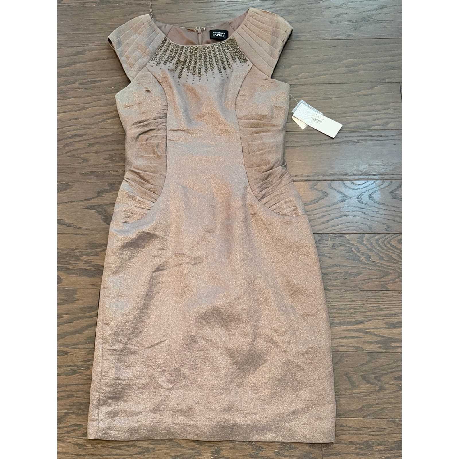 Adrianna Papell Iridescent Mocha Brown Embellished Sheath Dress – Size 10 NWT