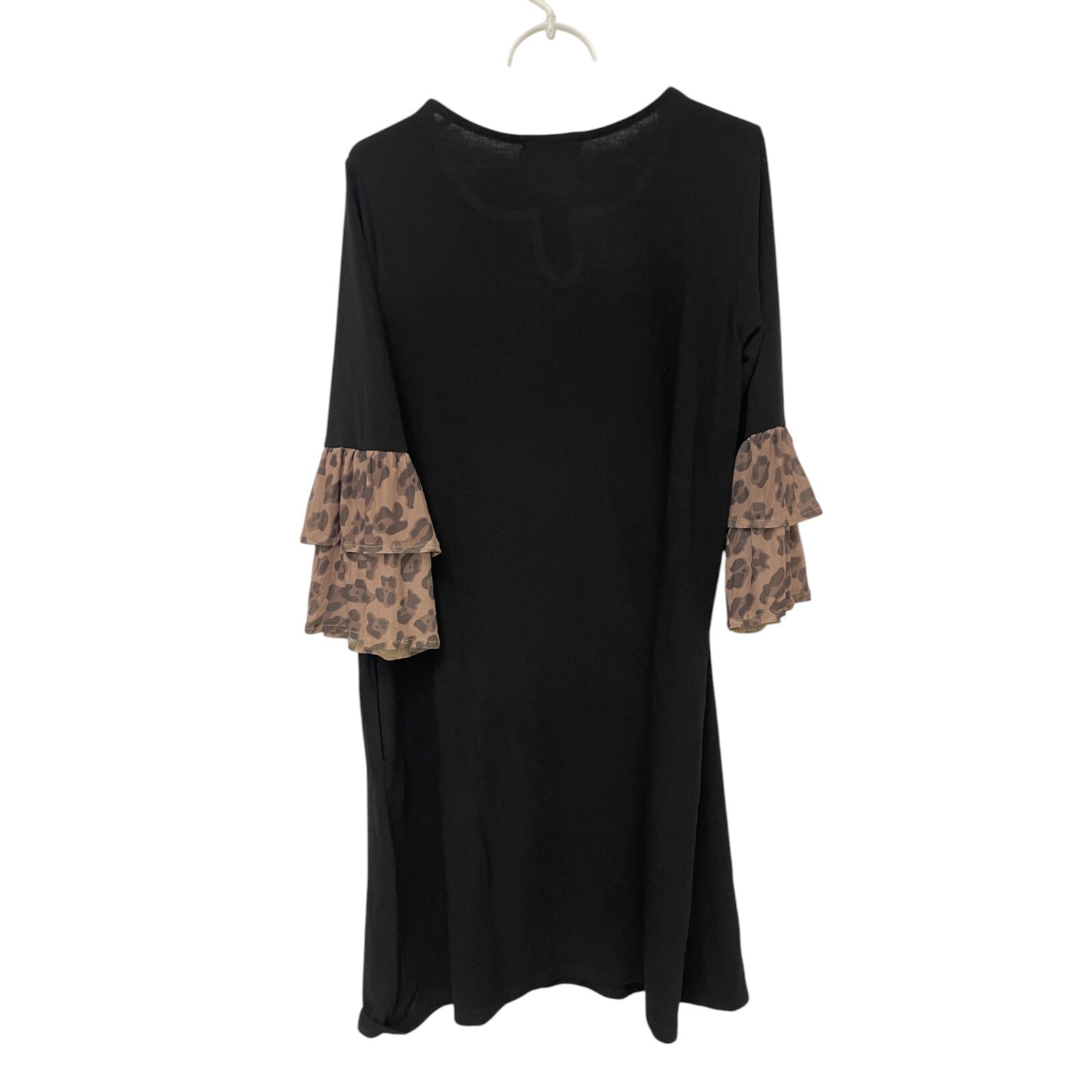 Suzanne Betro Black Split Neck Tunic Dress Size L Leopard Ruffle Sleeve NWT