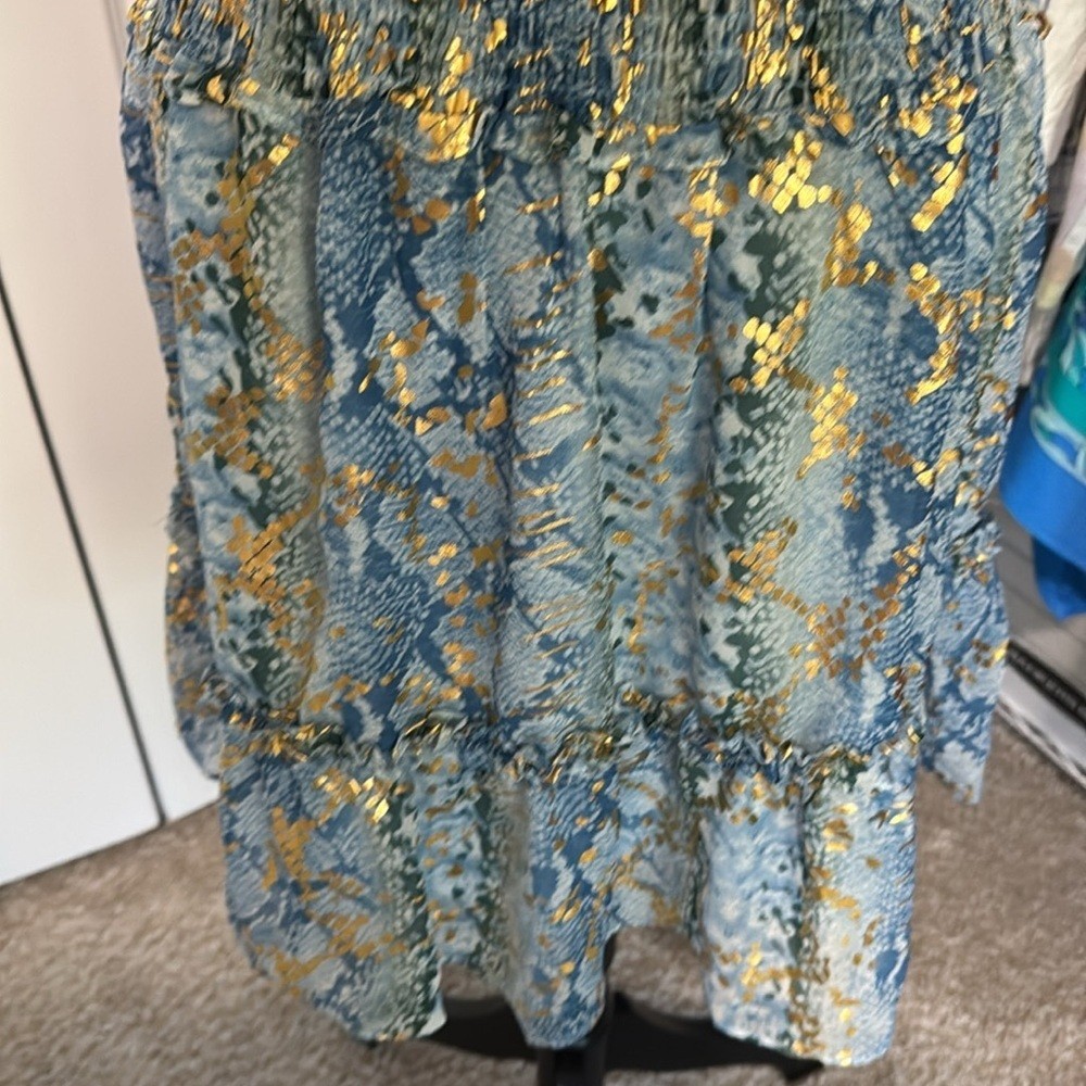 Blue Gold Snakeskin Smocked Tiered Sleeveless Dress M
