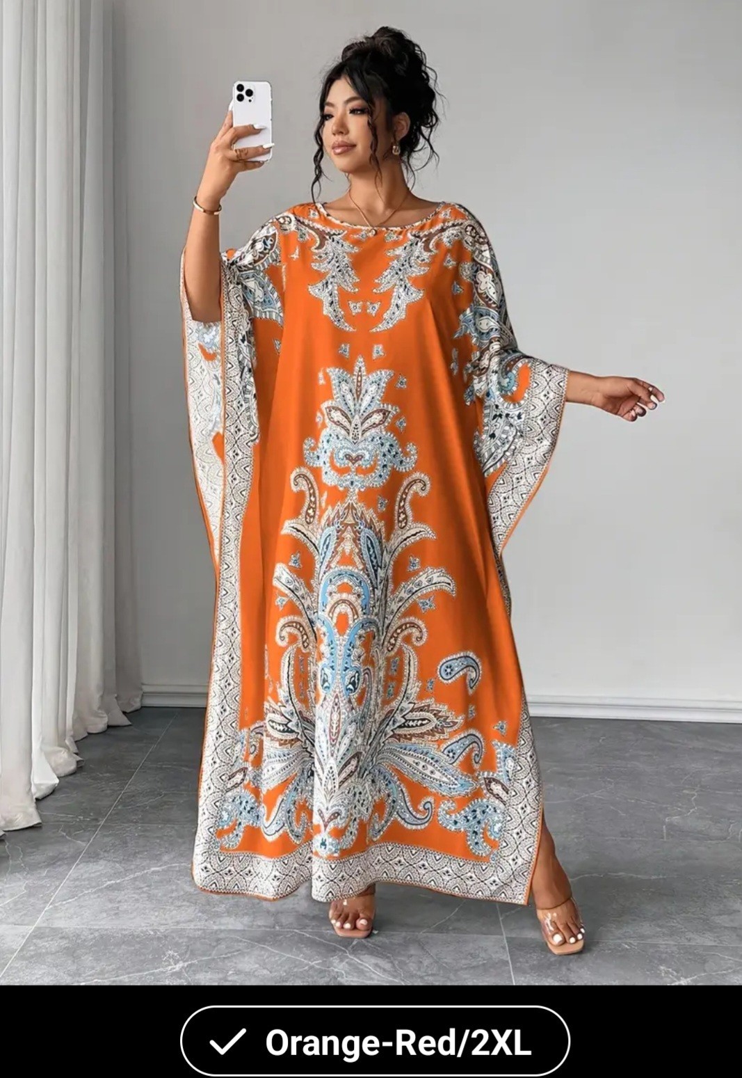 Orange White Blue Paisley Long Kaftan Dress Kimono Sleeve Round Neck 2XL