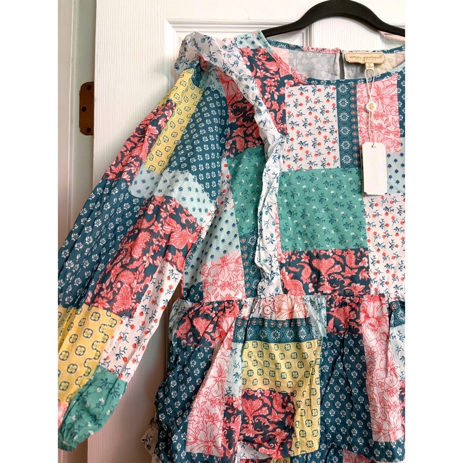 New Simply Southern Patchwork Tiered Maxi Dress Pink Teal Floral Large cottage