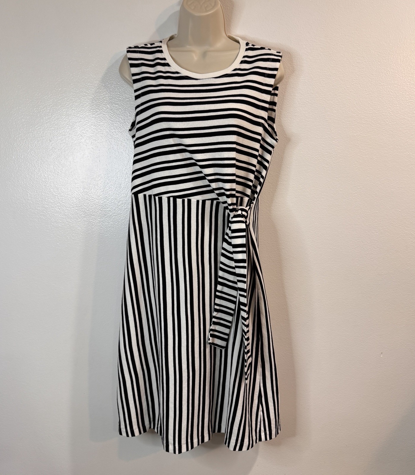 Three Dots Shirt Tank Dress L Striped Black White 100% Cotton Belted Karen