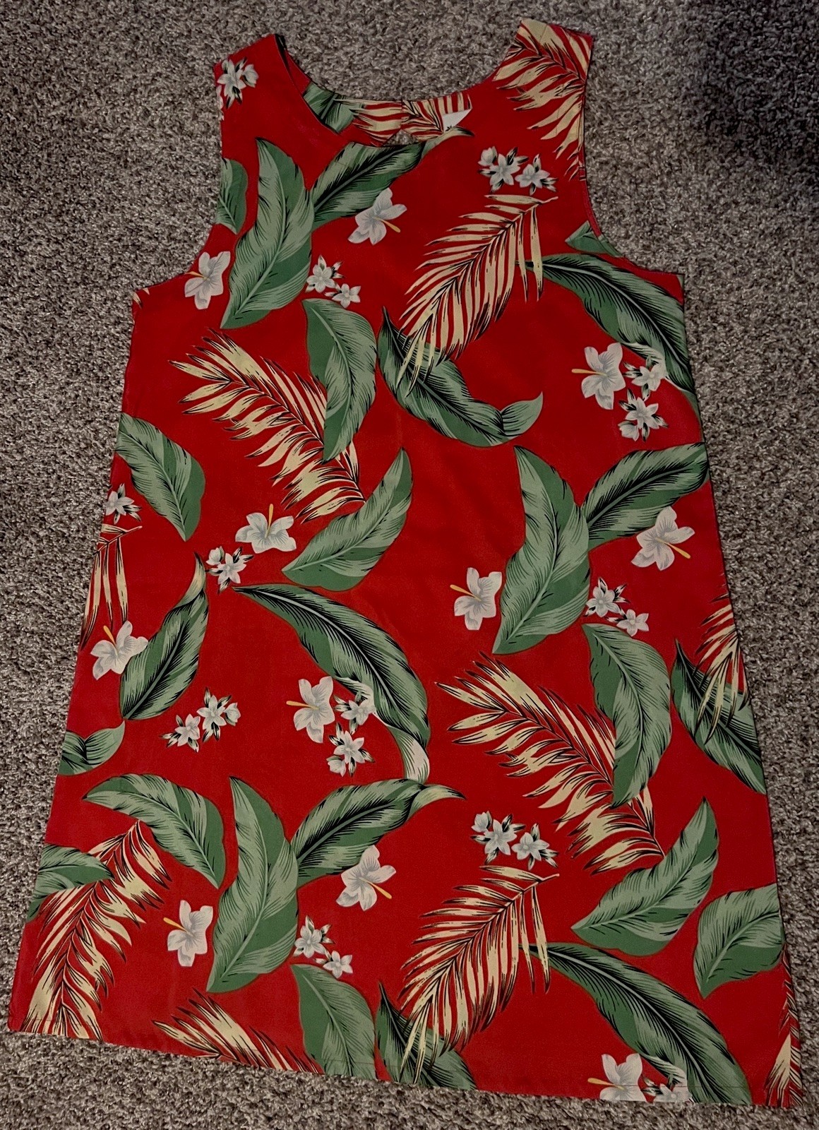 Hualani Hawaii Sleeveless Red Tropical Palm Leaf Print Summer Mini Dress Large