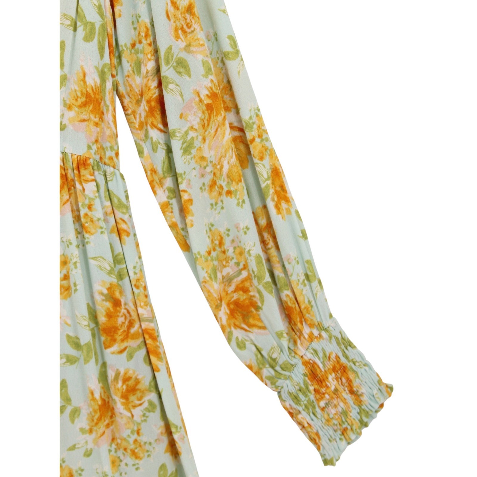 Roolee Floral Tiered Maxi Dress Large Green Orange Long Sleeve smocked cuffs