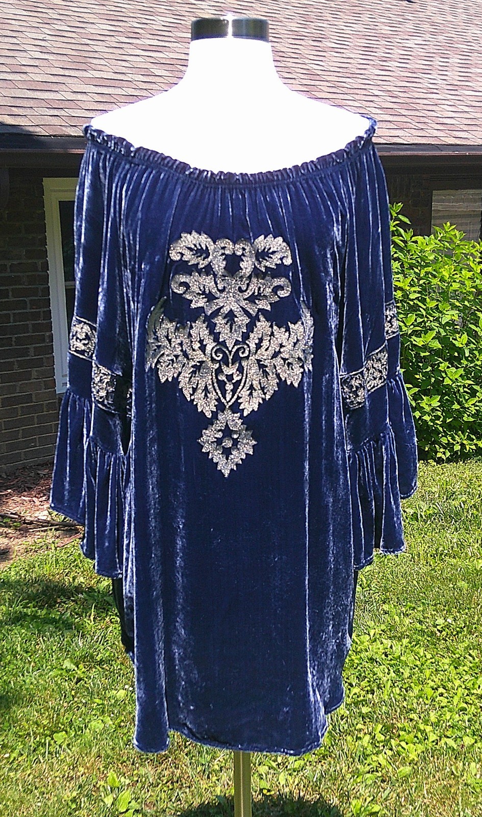 Tasha Polizzi Blue Velvet Hippie Cowgirl Mini Dress Tunic Off Shoulder M EUC
