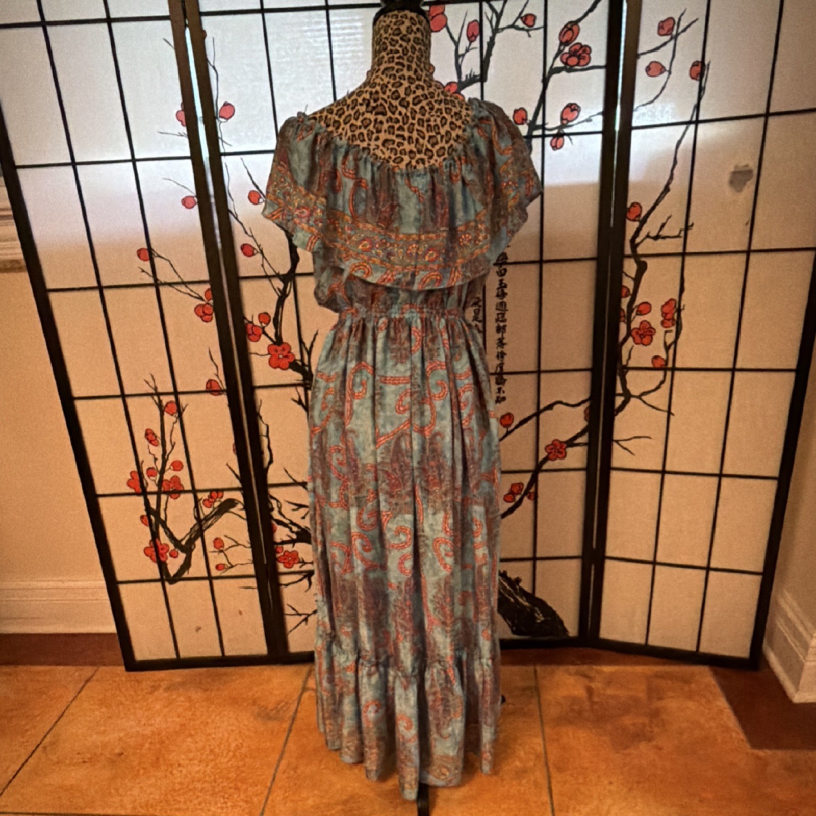 NWT Crème Bohème Silk Blend Maxi Dress Blue Paisley Off Shoulder Ruffle Bohemian