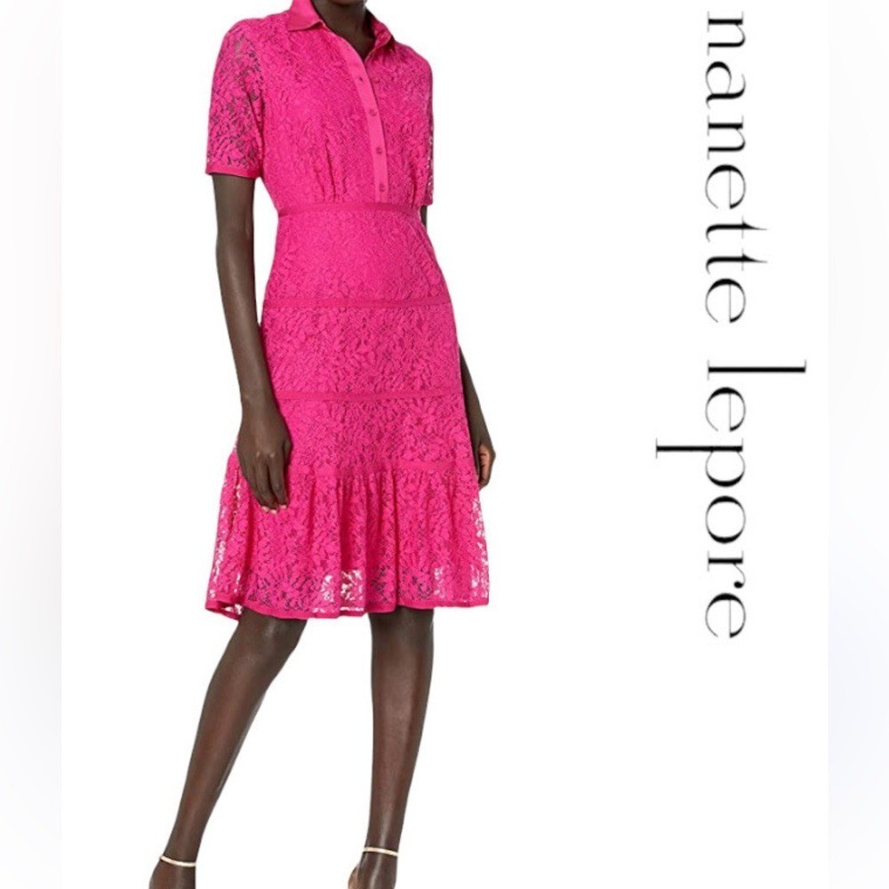 Nanette Lepore Fuchsia Lace Collared Button Down Dress sz 4