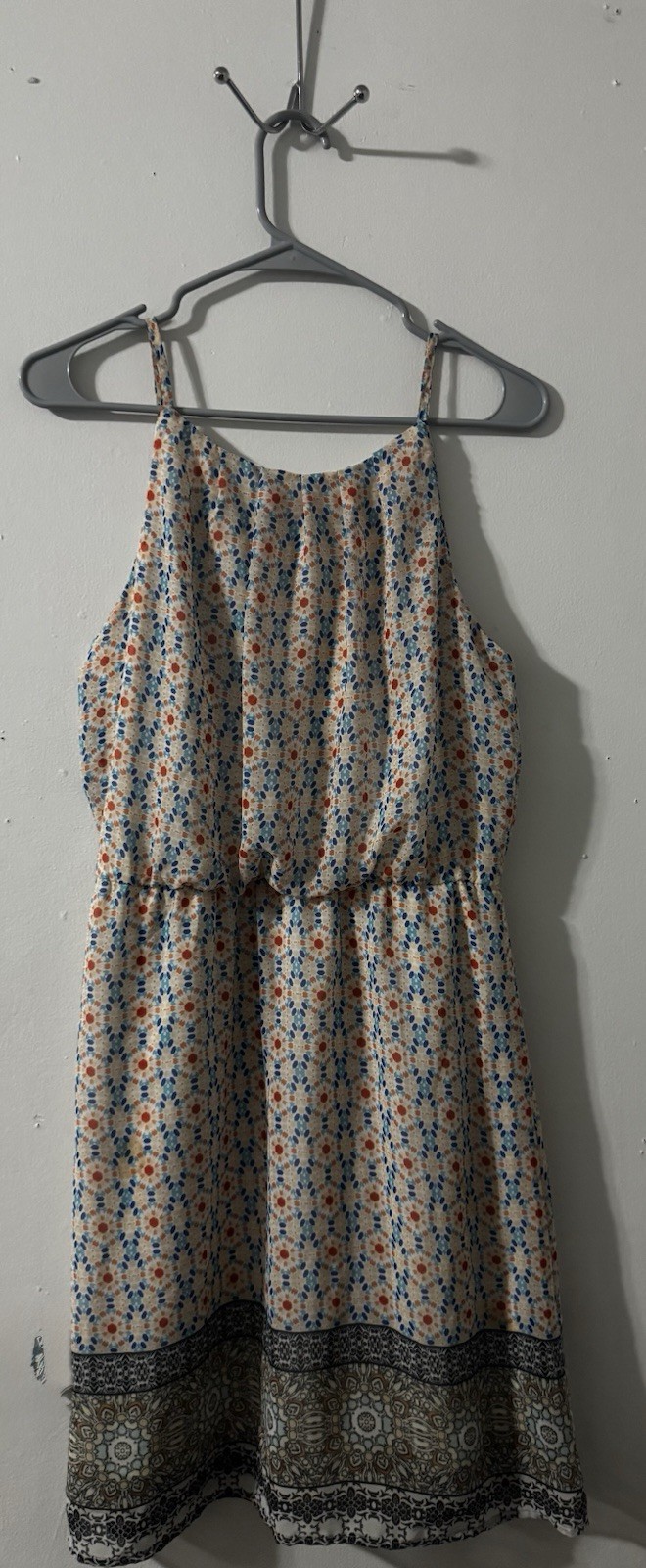 Tacera Blue White Orange Geometric Sundress Strappy Scoop Neck Sleeveless M