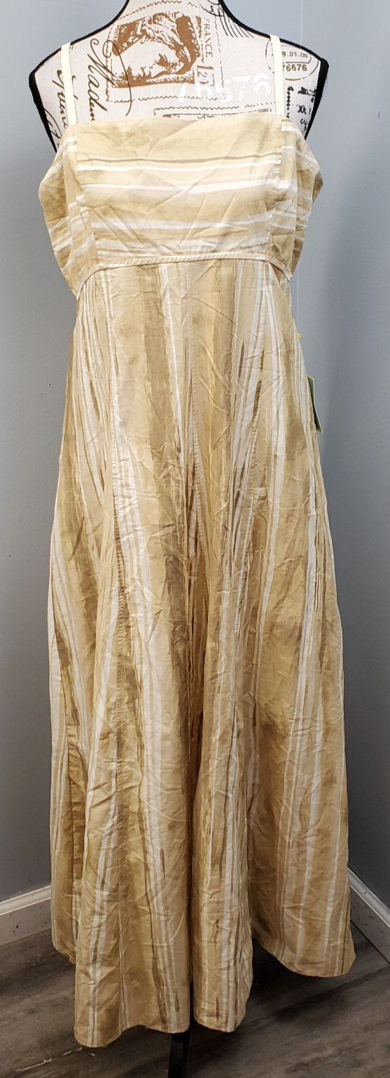 CeCe Maxi Dress Womens Large Brown White Striped Sleeveless Smocked Cut Out Back