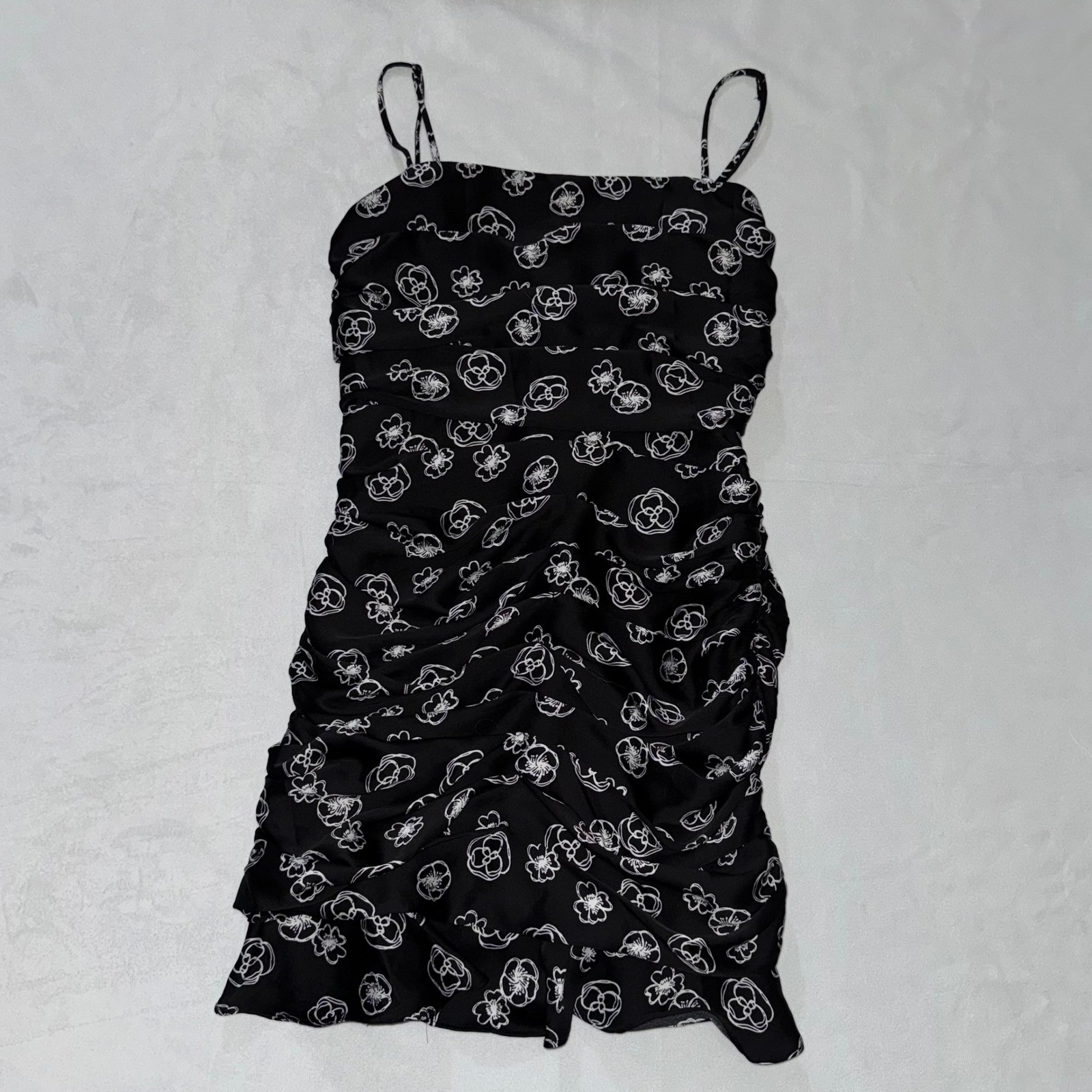 Lush Black Floral Print Ruched Bodycon Mini Dress Party Cocktail Sz S Zip