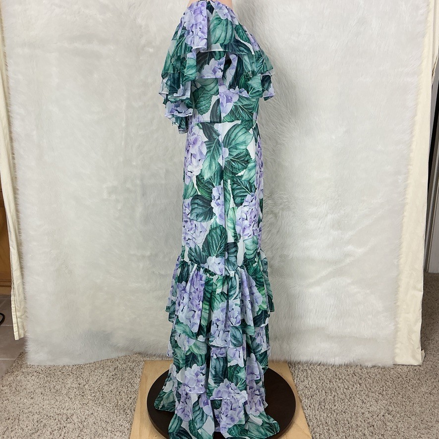 Alexia Admor Hydrangea Purple Green White Floral Ruffle Tiered Maxi Dress NWT 10