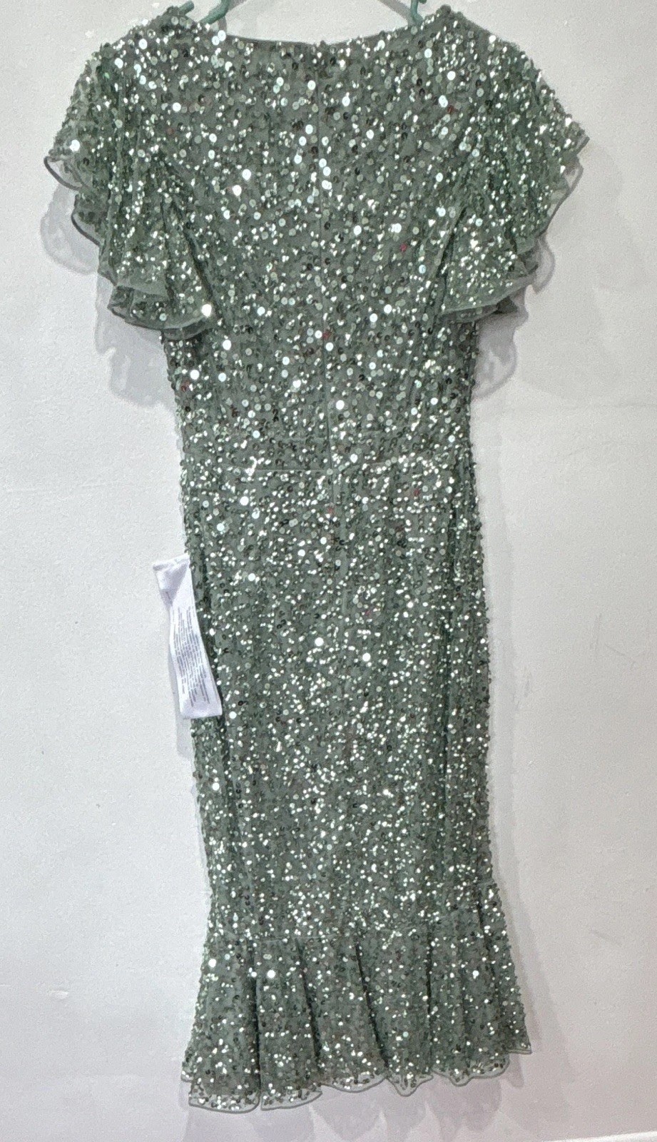 Mac Duggal 2 Green Sequin Mesh A-Line Midi Dress V-Neck Flutter Sleeve Zip
