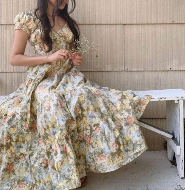 Danielle Bernstein Floral Maxi Dress Sweetheart Puff Sleeve XS