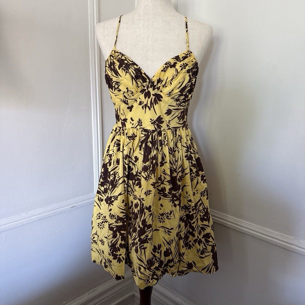 Morgan 4 Ever Yellow Brown Floral Spaghetti Strap Sundress 7/8