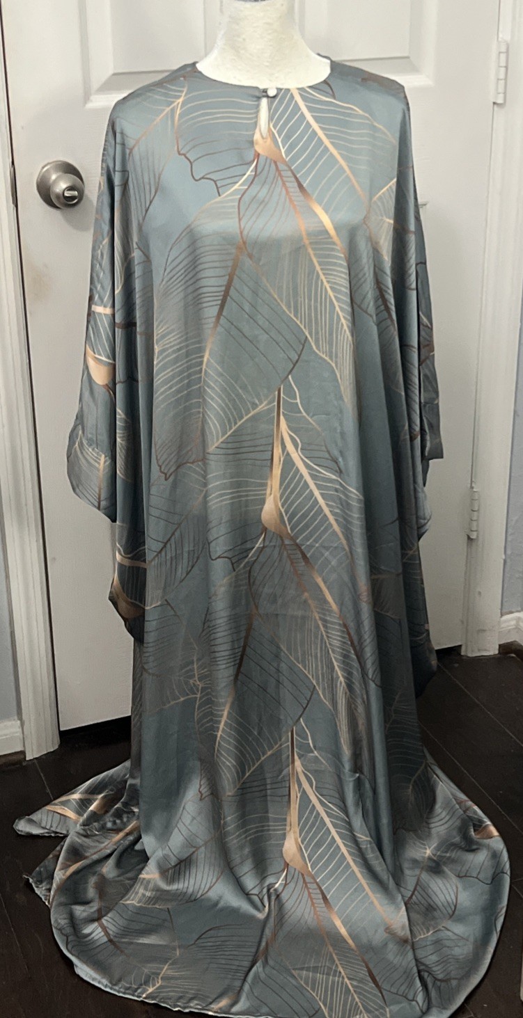 Sheikha, Egypt, Delicate Flowing Sage Green With Gold Leaf Pattern Long Gown