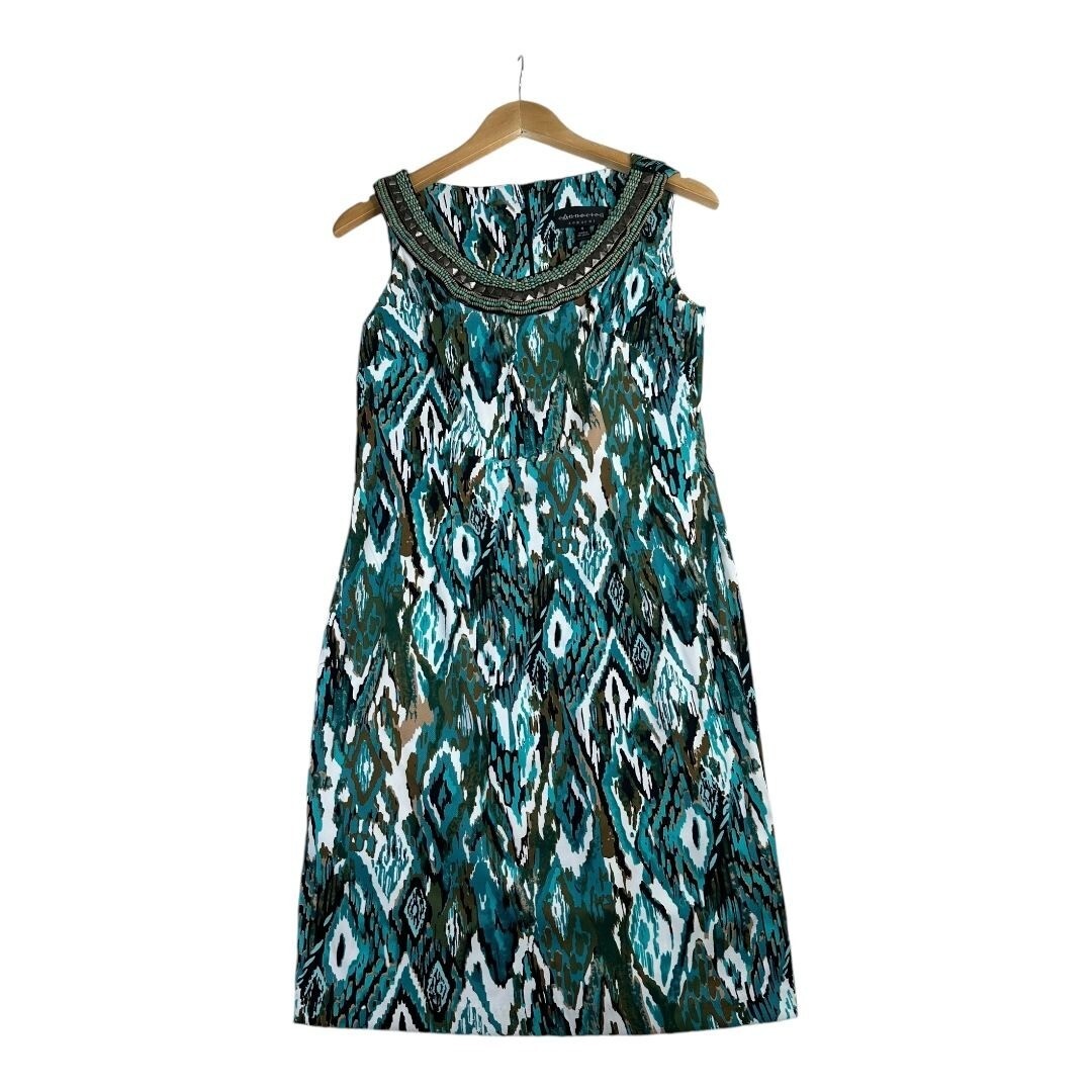 Connected Apparel Beaded Neckline Sleeveless Aztec Print Dress size 6