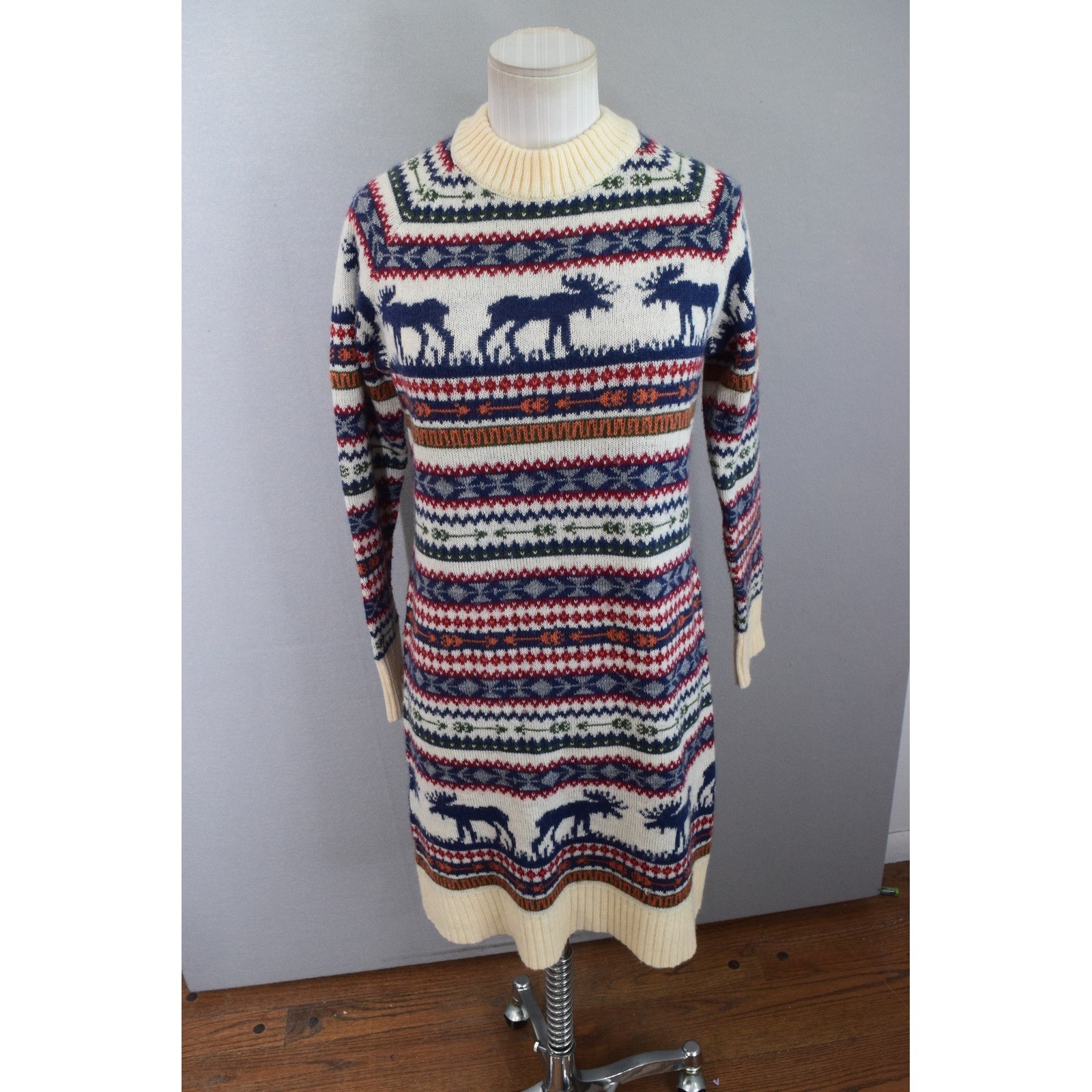 Kiel James Patrick Cozy Cabin Sweater Dress Medium Cream Fair Isle Moose