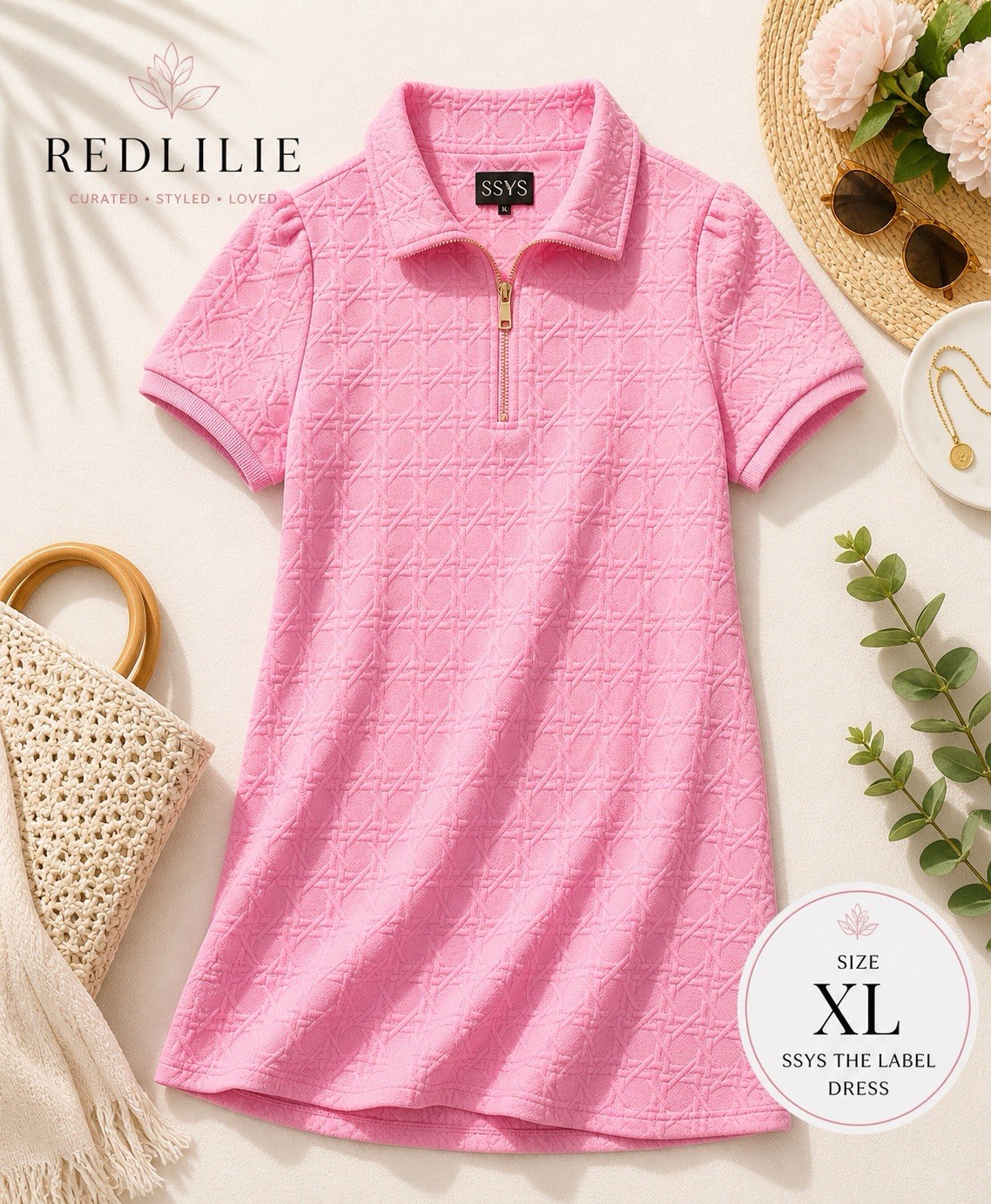 SSYS The Everyday Dress In Cane Quilted Pink, Luxe Preppy Short Sleeve Size XL