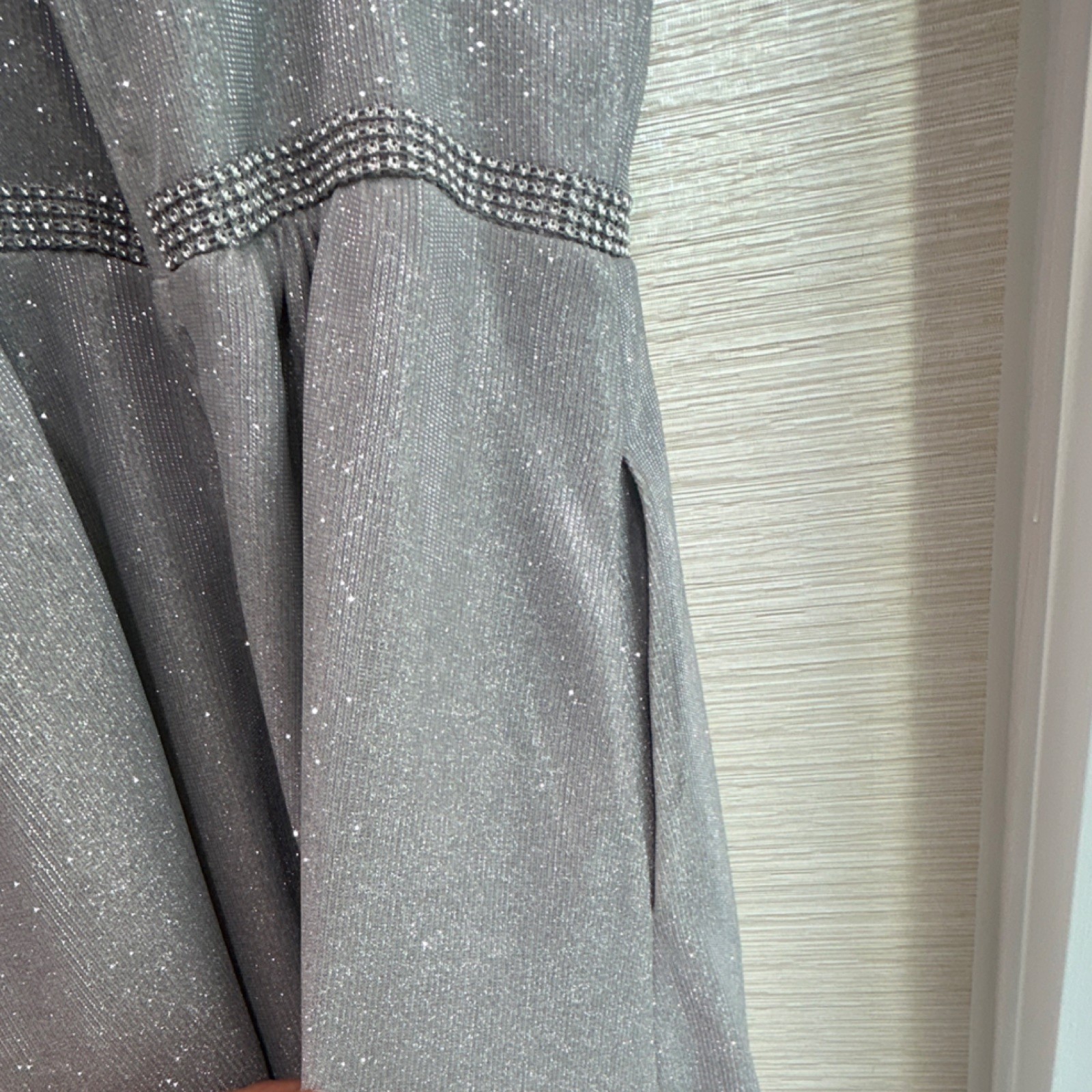 Crystal Doll Silver Satin Glitter Beaded Strappy Long Gown Dress Size 5 V-Neck