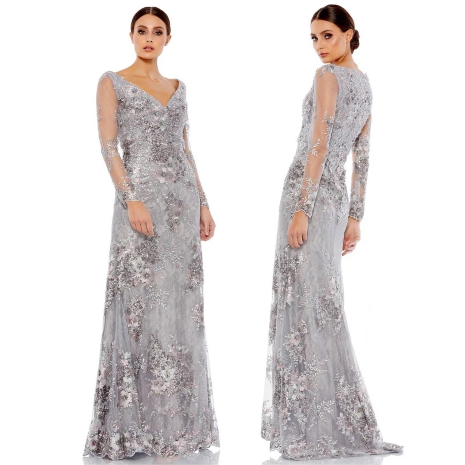 Mac Duggal Embellished V Neck Illusion Long Sleeve Gown 67539 Platinum NWT SZ 2