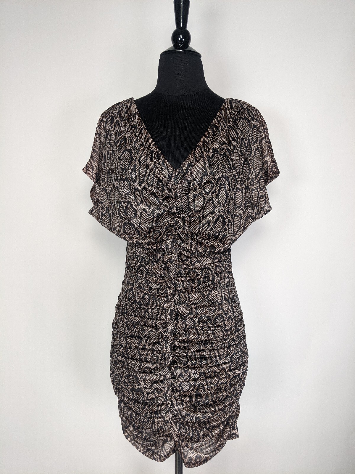 Nikibiki Black Brown Python Snake Print V-Neck Ruched Bodycon Dress Size S