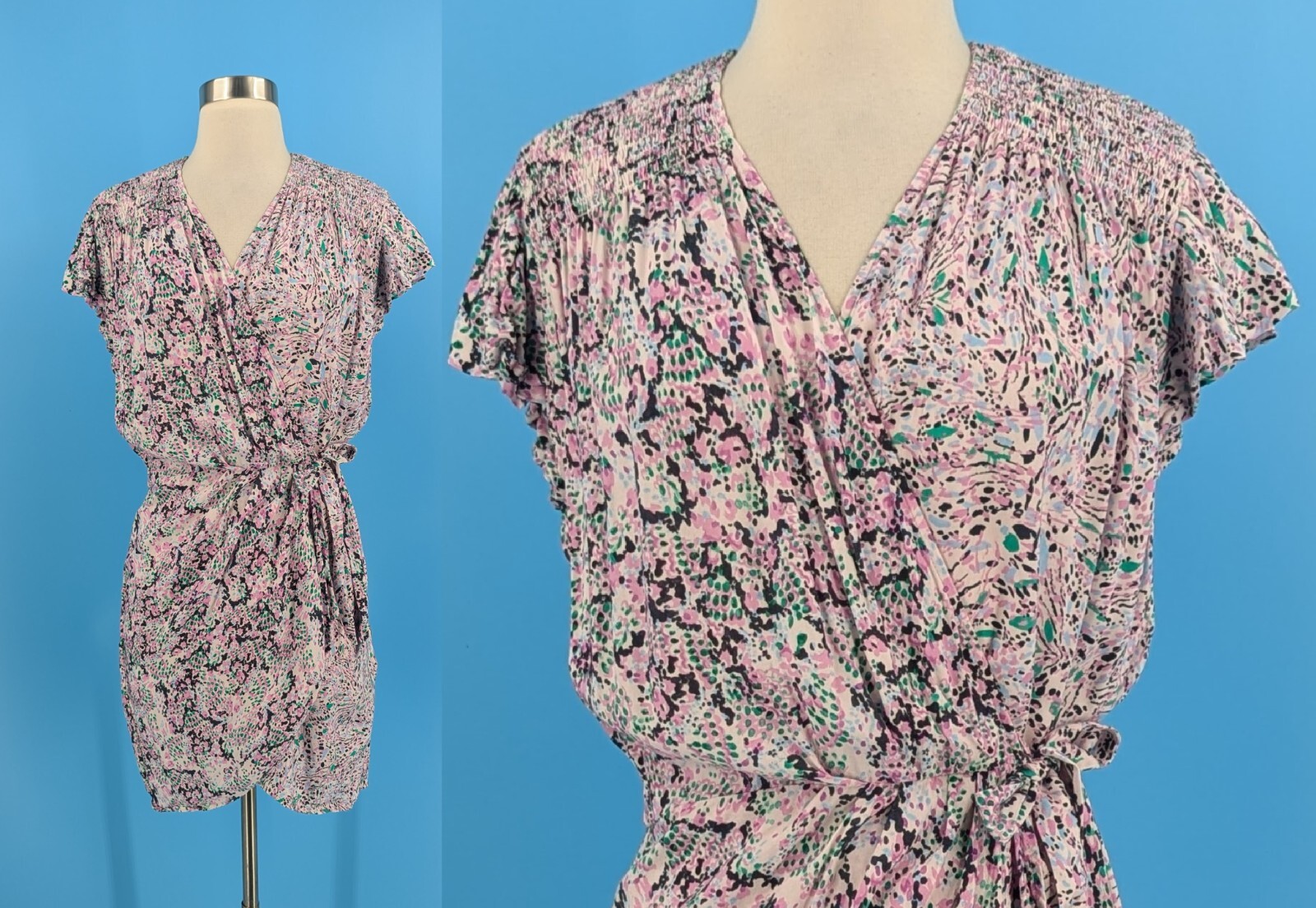 IRO Manza Size 38 Mini Short Sleeve Rayon Print Wrap Dress US size 6