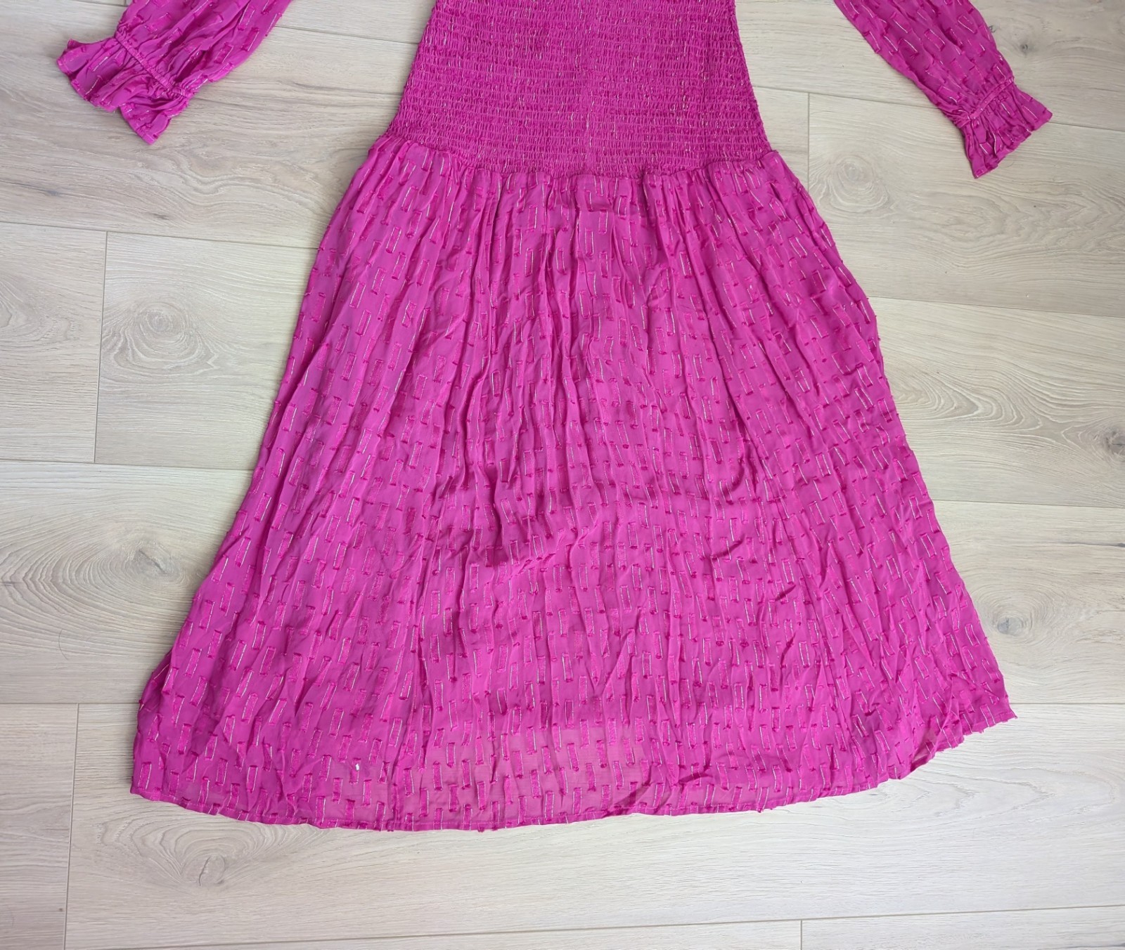 Anthropologie Smocked Long Sleeved Ruched Maxi Dress in Fuchsia Pink Size XS