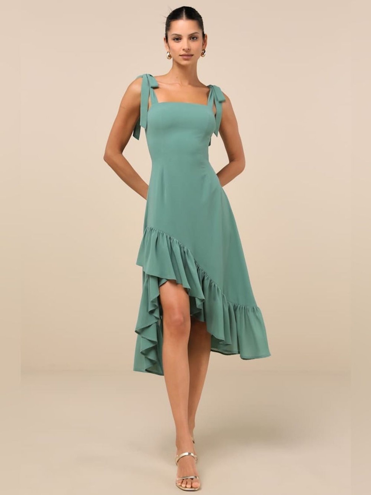 Lulus Tamryn Dark Sage Asymmetrical Ruffled Midi Dress Size M NWT