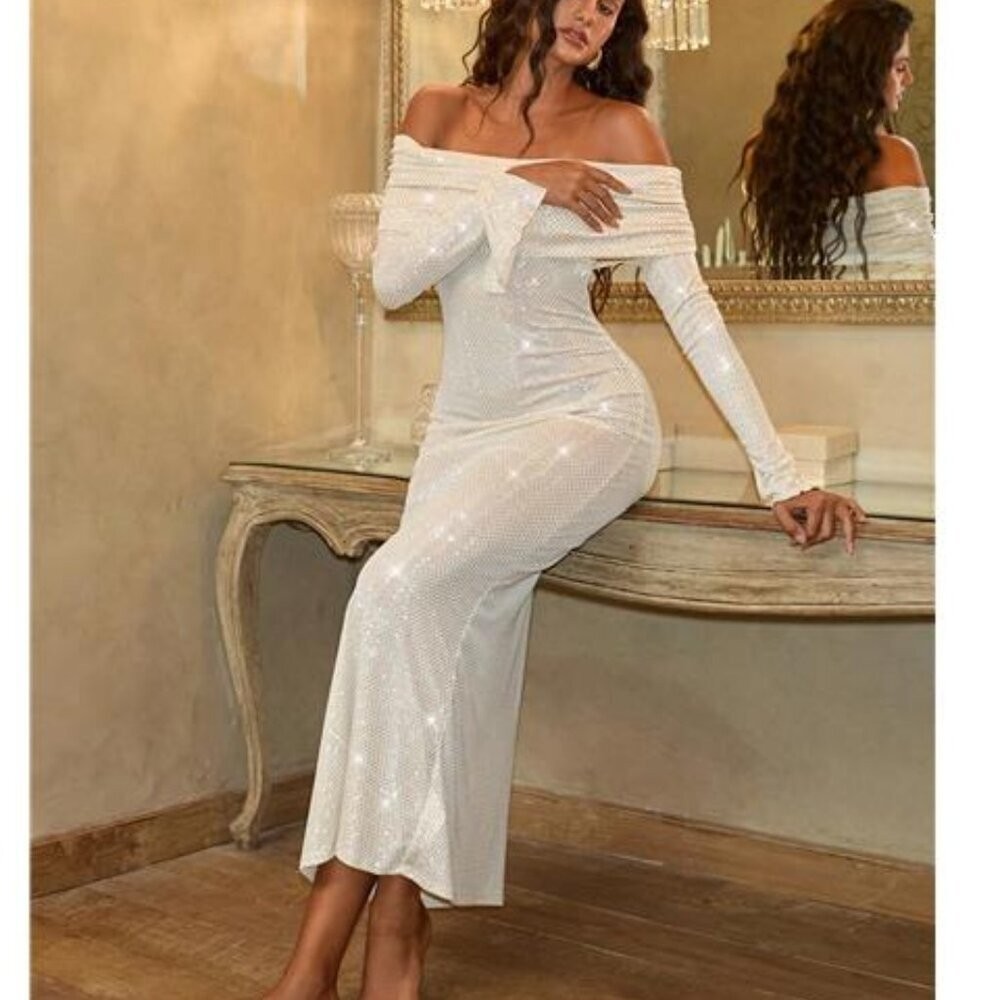 Glitter Sequin White Knitted Mesh Long Sleeve Off-Shoulder Bodycon Dress, Size L