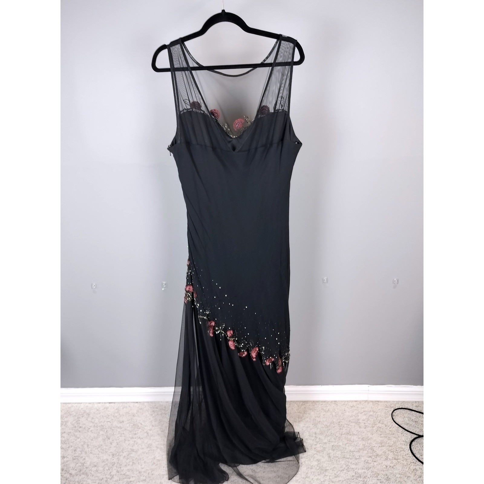 Xscape Silk Beaded Floral Mesh Gown Black Asymmetrical Tiered Formal Dress