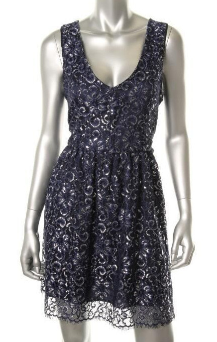 AQUA ~ Navy Blue Silver Metallic Lace V-Neck Fit & Flare Party Dress L NEW $128.