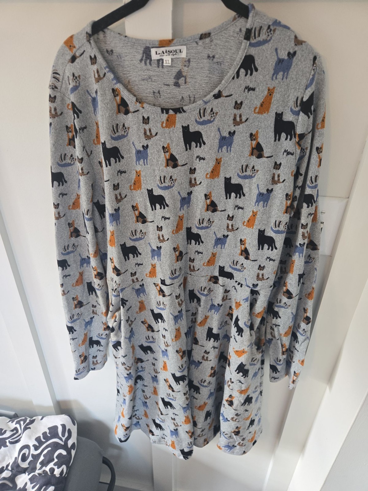 L.A. Soul Gray Cat Print Long Sleeve Fit and Flare Dress XL