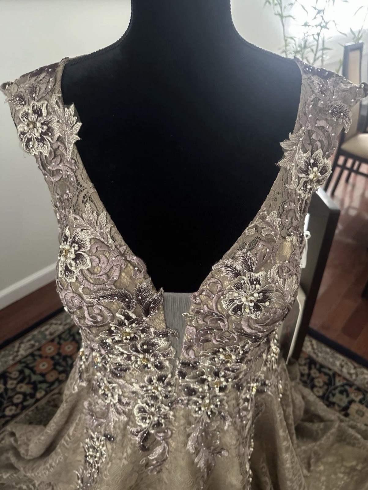 Jovani – Embellished Lace A – Line Evening Gown Taupe Size 14